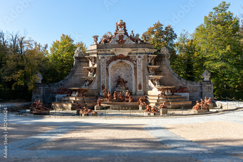 Turned off fountain of the baths of Diana in the gardens of the Royal Palace of the farm of San Ildefonso, Segovia, Spain.