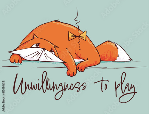 Sick cat symptom - vector illustration. Animal condition. Pet. Tired cat, unwillingness to play, apathy, weary cat, play reluctance, indifference, fatigued kitty, play aversion, listlessness.
