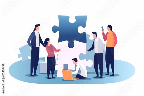 Solution team and the final piece. Leader holds a final piece of puzzle. Solution of the problem. Business illustration, Generative AI