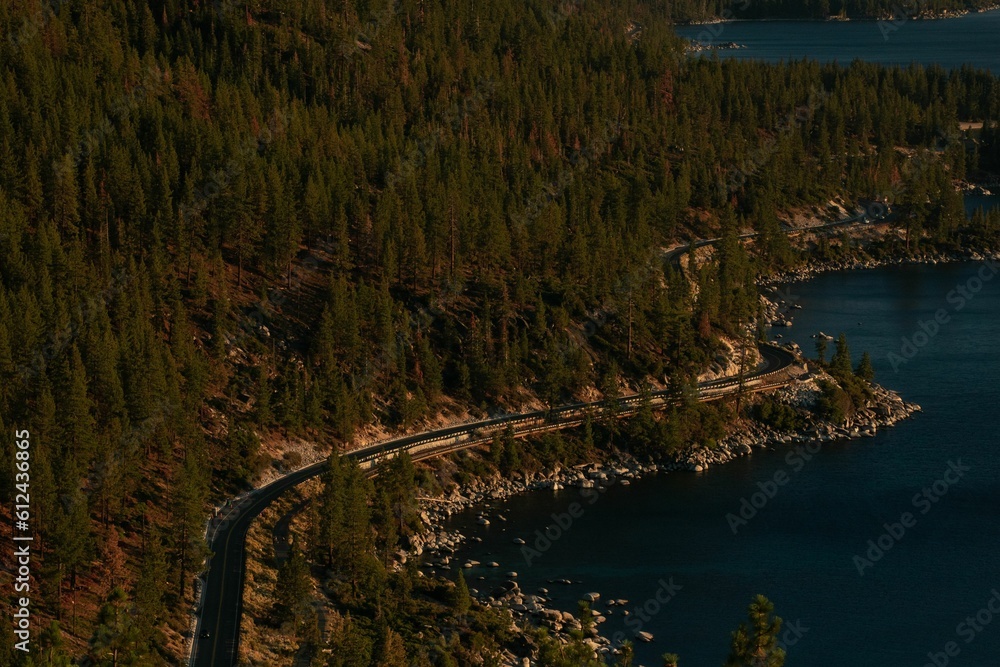 Aerial shot of the winding road and forest on the sea shore