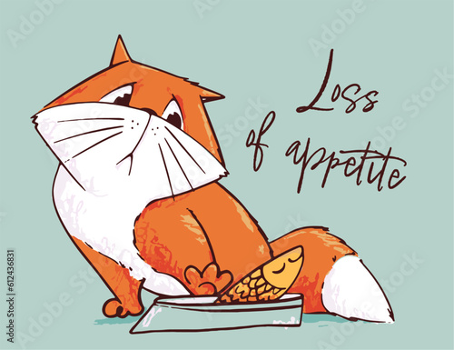 Sick cat symptom - vector illustration. Animal condition. Pet. Loss of appetite, lack of appetite, decreased appetite, reduced food intake, poor appetite, loss of interest in food, refusal to eat.