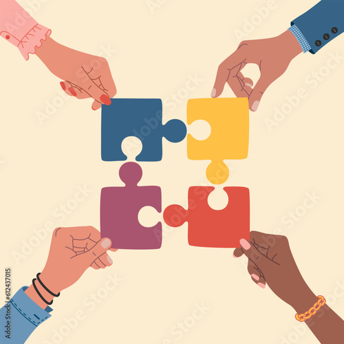 Diverse hands holds a pieces of puzzle. Business solution concept. Teamwork, cooperation, partnership. Hand drawn colored vector illustration isolated on light background. Modern flat cartoon style.