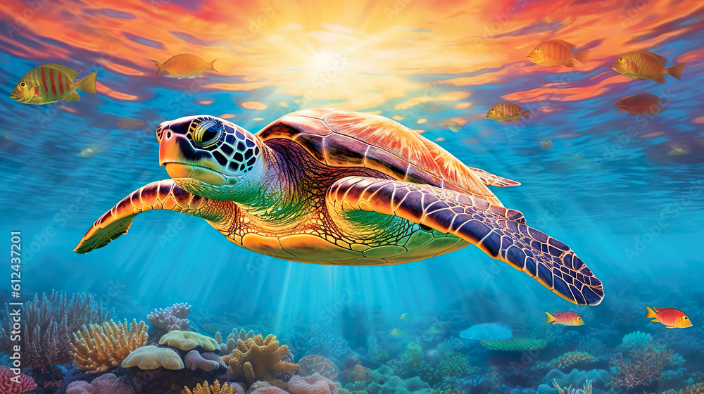 Fototapeta premium Turtle close-up with sun rays. Generative AI.