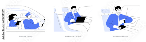 Business travel by car abstract concept vector illustrations.
