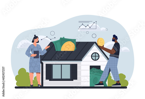 Investments in real estate concept. Man and woman with gold coins and banknotes near house. Financial literacy and trading, passive income. Rent and mortgage. Cartoon flat vector illustration