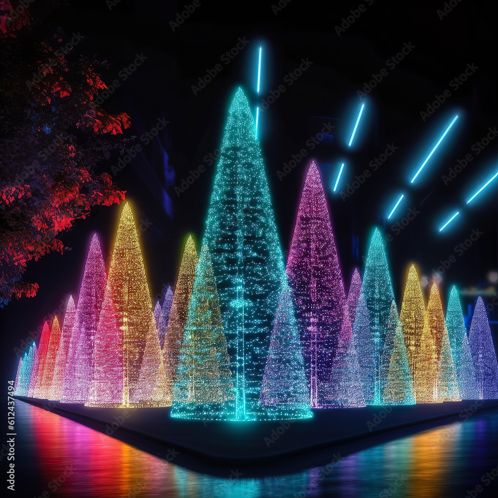 Abstract Christmas trees with colorful lights on a black background. Generative AI
