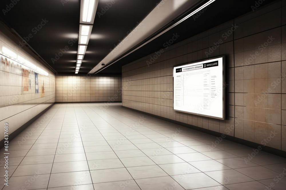 Hauntingly artistic subway station with a mockup or picture on the wall is AI Generative. Hauntingly artistic subway station with a mockup or picture on the wall is AI Generative.