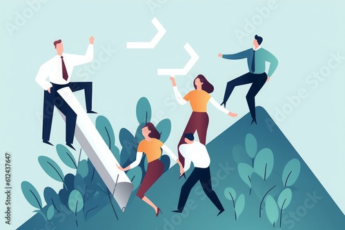 Help to be successful. The business team raises an arrow for a teammate. Business illustration, Generative AI