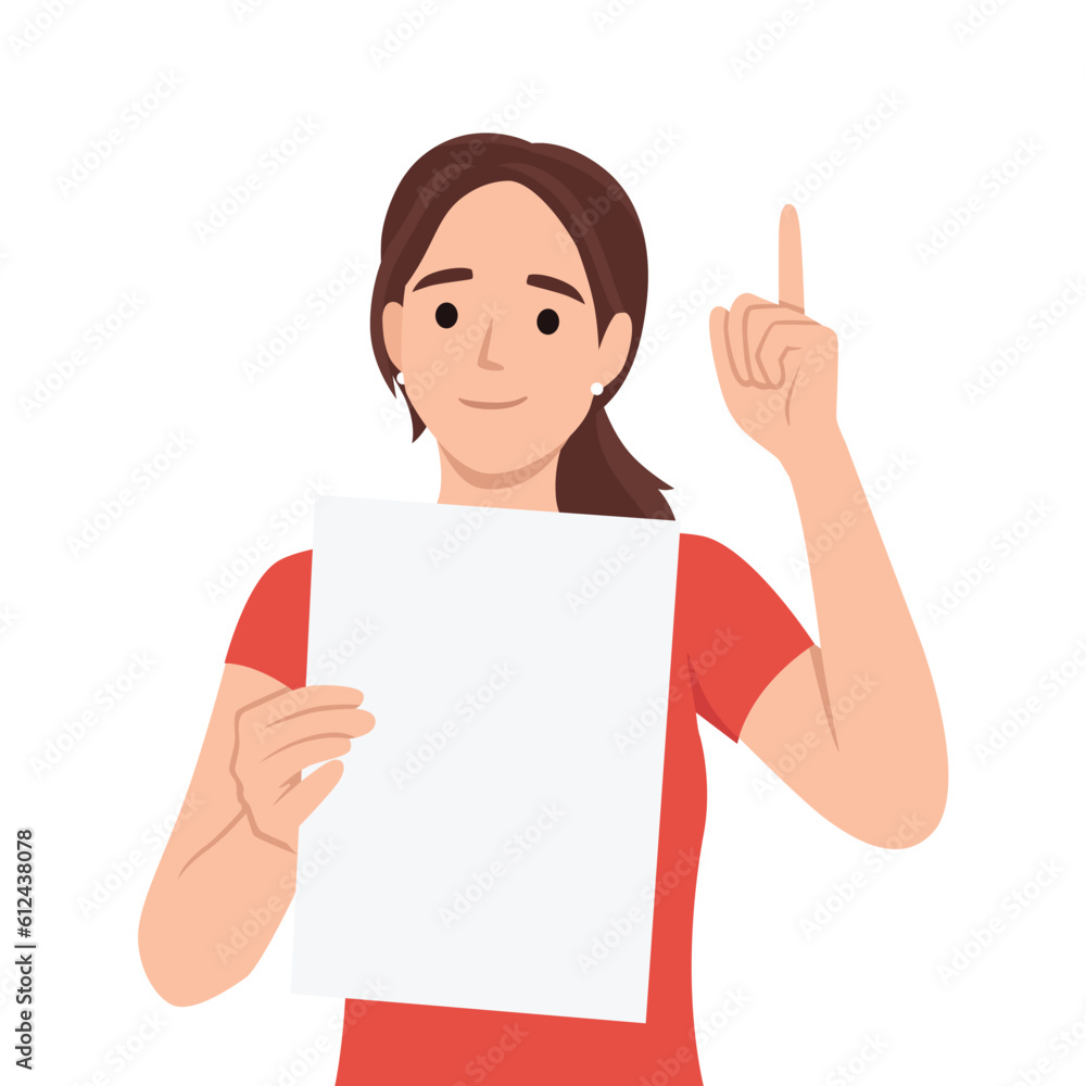 Smiling young woman hold blank poster card point up with finger. Happy girl with empty mockup placard show upward with finger. Flat vector illustration isolated on white background Smiling young woman hold blank poster card point up with finger. Happy girl with empty mockup placard show upward with finger. Flat vector illustration isolated on white background