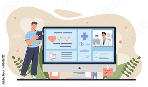 Online cardiologist service concept. Man stands near monitor and evaluates heart rates, cardiogram. Diagnosis and treatment. Telemedicine mobile application. Cartoon flat vector illustration