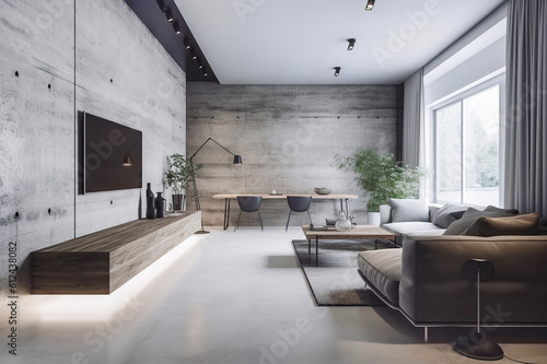 Loft interior design of modern living room. Created with generative AI