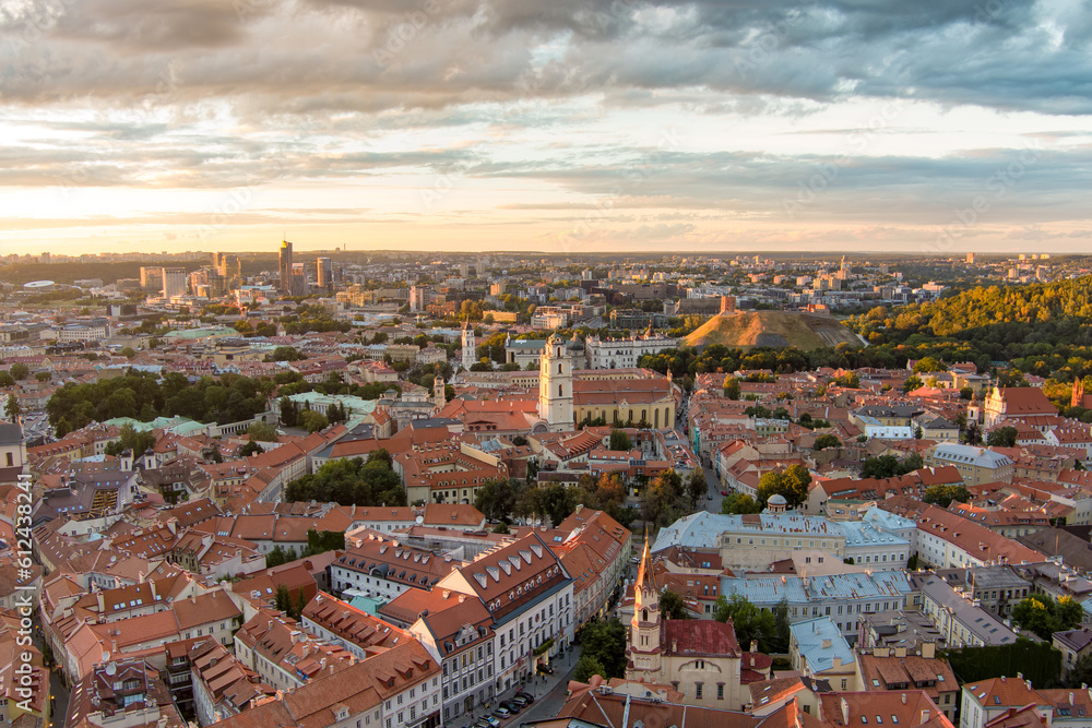 Aerial view of Vilnius Old Town, one of the largest surviving medieval old towns in Northern Europe. Landscape of UNESCO-inscribed Old Town of Vilnius, Lithuania