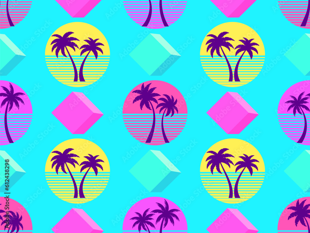 Seamless pattern with retro sun and palm trees in 80s style. Palm trees at sunset and 3d cubes. Colorful tropical pattern design for banner, poster and promotional item. Vector illustration
