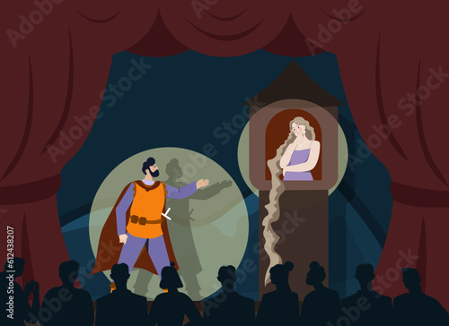Opera house performing concept. Man and woman on stage play medieval characters. Prince saves princess from ancient tower. Creativity and art, public speaking. Cartoon flat vector illustration