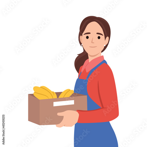 Greengrocer selling fruits. Young woman holding box of banana. Flat vector illustration isolated on white background