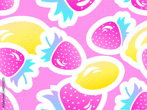 Strawberry with lemon seamless pattern. Summer citrus berry mix of lemon and strawberry with stroke in 3d style. Design for print, fabric and poster. Vector illustration