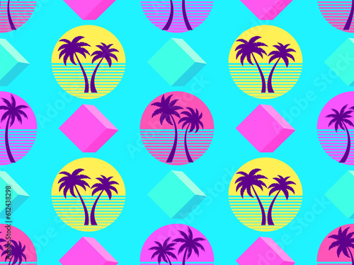 Seamless pattern with retro sun and palm trees in 80s style. Palm trees at sunset and 3d cubes. Colorful tropical pattern design for banner, poster and promotional item. Vector illustration