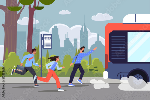 People run behind bus concept. Men and women missed their vehicle. Public transport and urban infrastructure. Citizens at bus stop. Poor time management. Cartoon flat vector illustration