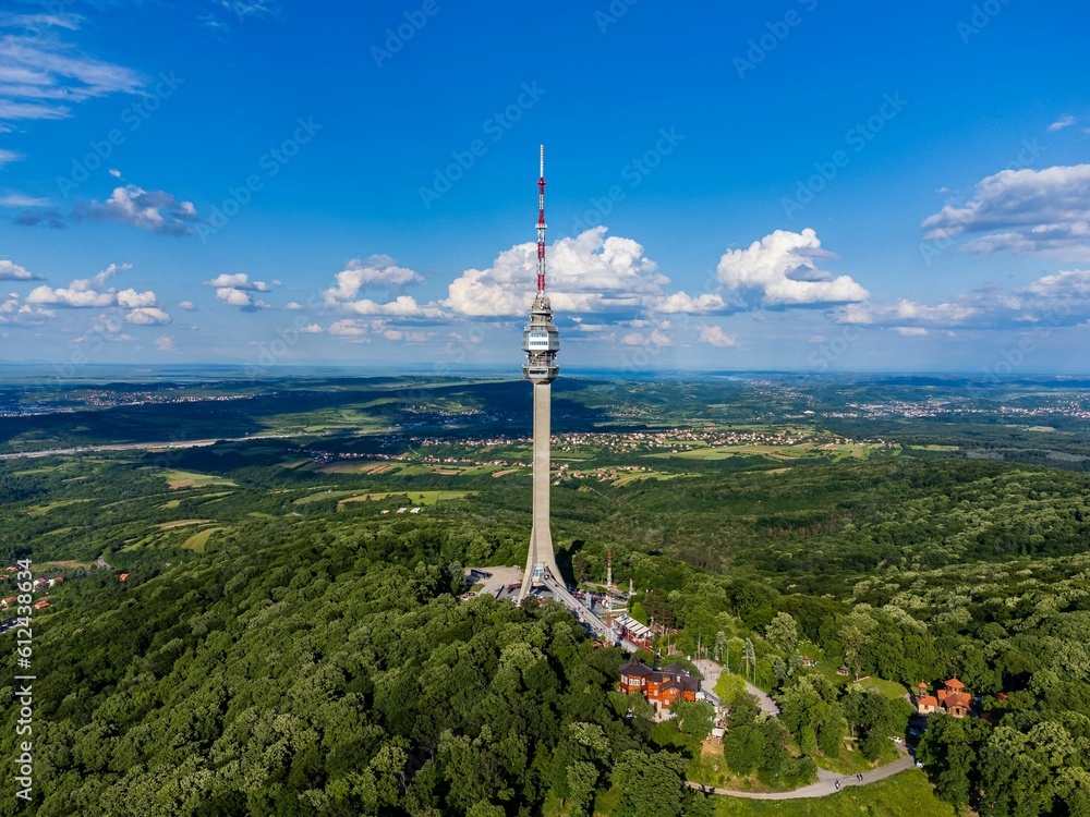 Obraz premium Aerial view of the Avala tower on Avala Mountain in Belgrade, Serbia
