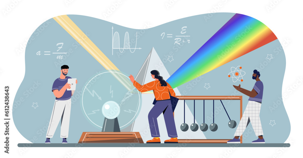 People study physics concept. Men and women look at shapes on board, refraction of light, and structure of volume or molecule. Scientific experiments, education. Cartoon flat vector illustration - obrazy, fototapety, plakaty 