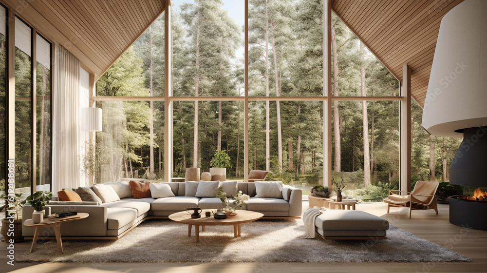 A bright and airy Scandinavian living room with high ceilings, adorned with floor-to-ceiling windows that offer breathtaking views of nature, seamlessly blending the indoors with t Generative AI
