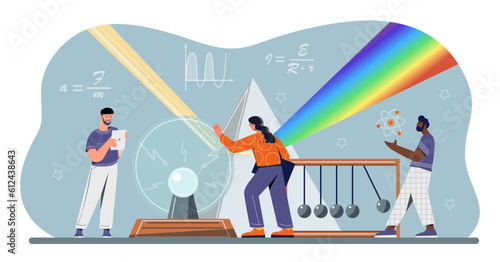People study physics concept. Men and women look at shapes on board, refraction of light, and structure of volume or molecule. Scientific experiments, education. Cartoon flat vector illustration photo