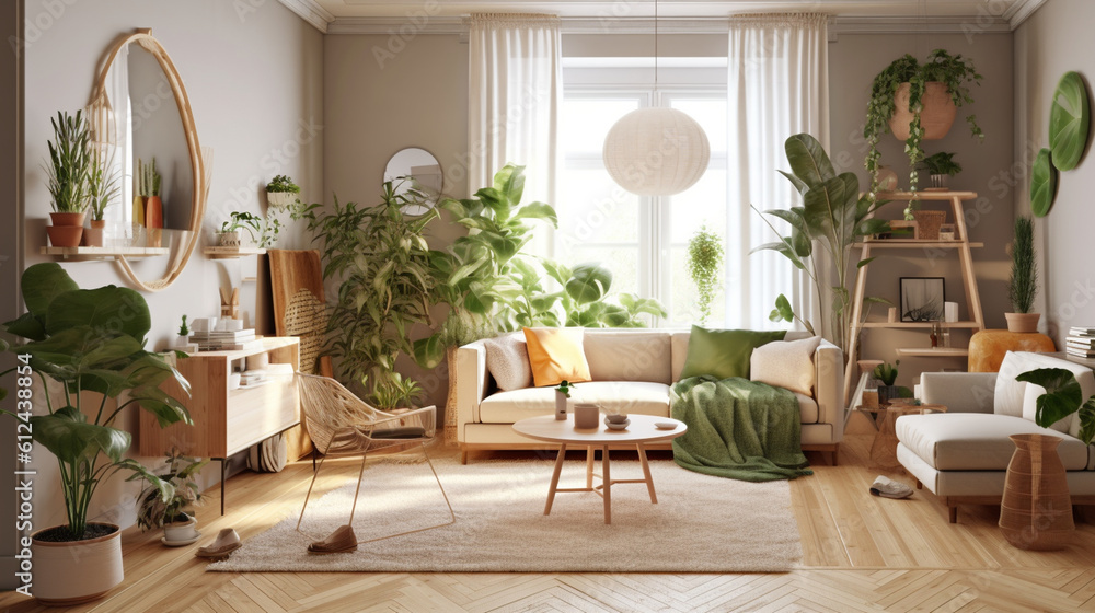 A fresh and vibrant Scandinavian living room featuring indoor plants, adding a touch of greenery and natural beauty to the space, creating a calming and rejuvenating environment Generative AI