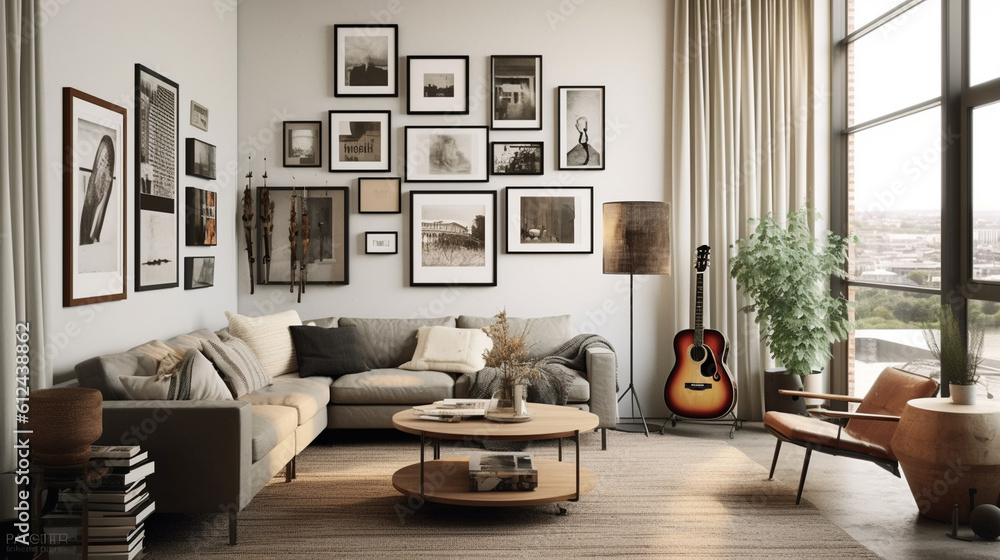 Fototapeta premium A harmonious Scandinavian living room with a carefully curated gallery wall, showcasing a mix of artwork, photographs, and wall decor to add personality and visual intrigue Generative AI