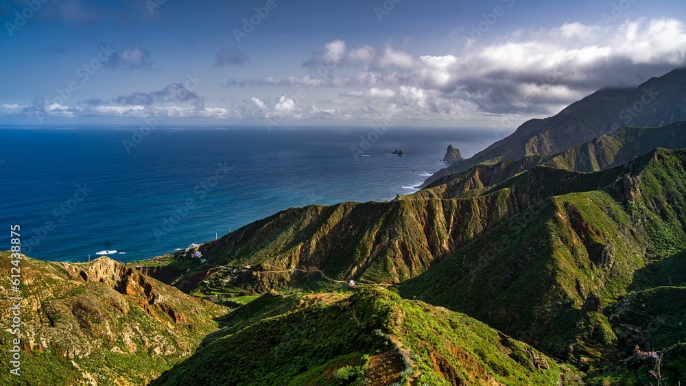 Aerial view of mountain range, green valley of Anaga Rural Park, Tenerife, Canary islands