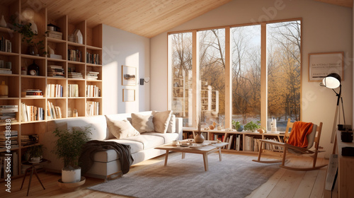 An inviting Scandinavian living room with a cozy reading nook nestled by a large window, allowing natural light to illuminate the space and highlight the warmth of the wooden eleme Generative AI