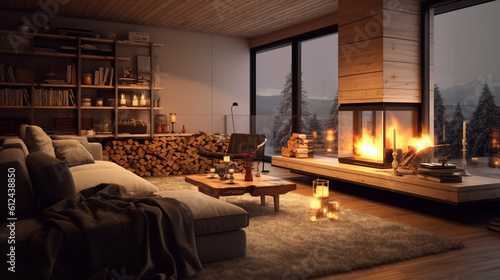 A Scandinavian living room with a cozy fireplace  adorned with stacked firewood  inviting you to curl up on a comfortable sofa and enjoy a warm and relaxing atmosphere Generative AI