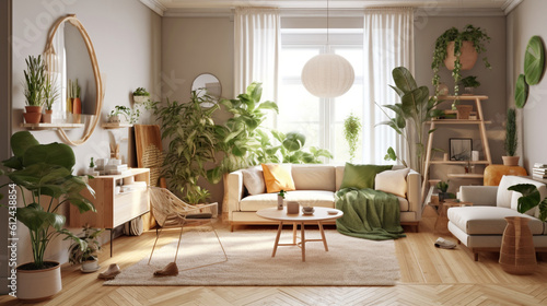 A fresh and vibrant Scandinavian living room featuring indoor plants, adding a touch of greenery and natural beauty to the space, creating a calming and rejuvenating environment Generative AI © Наталья Евтехова