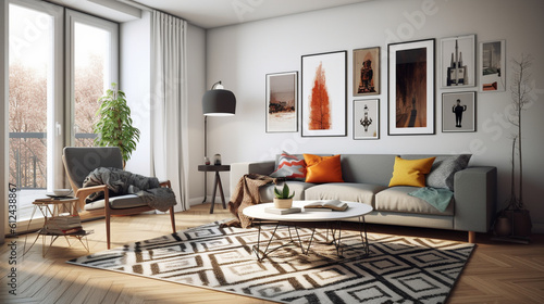 A sleek and modern Scandinavian living room with a focus on geometric patterns  incorporating them through rugs  cushions  and artwork  adding visual interest and a contemporary to Generative AI