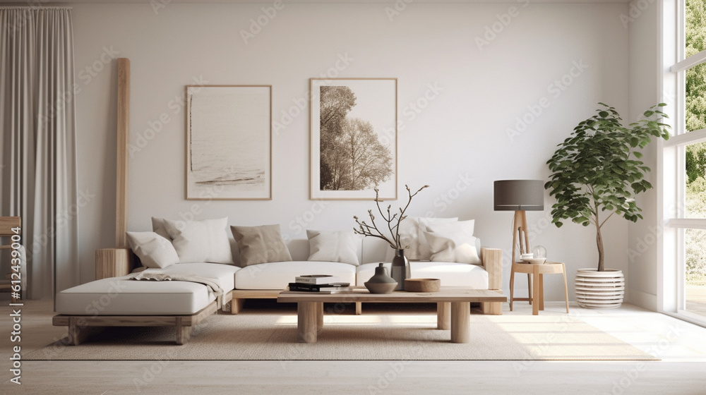 Fototapeta premium A serene living room in Scandinavian style featuring a minimalist design with clean lines, natural materials, and a neutral color palette, exuding a sense of calm and simplicity Generative AI