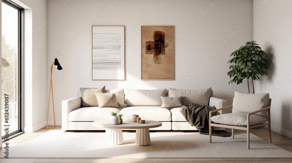 Illustration of Monochromatic Scandinavian Updated Living Room