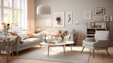 A serene Scandinavian living room with a neutral color palette and subtle pops of pastel accents, creating a soothing and harmonious atmosphere that promotes relaxation Generative AI