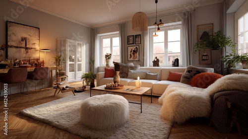 A Scandinavian living room with a mix of textures, such as a shaggy rug, knitted poufs, and velvet cushions, providing a tactile experience and enhancing the cozy ambiance Generative AI © Наталья Евтехова