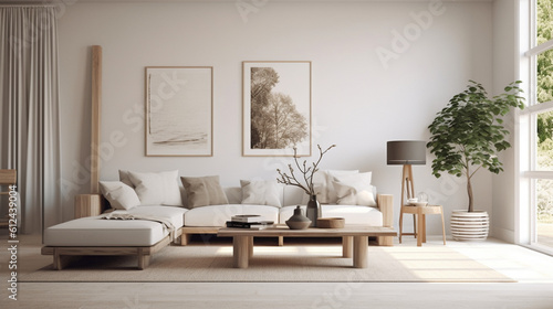 A serene living room in Scandinavian style featuring a minimalist design with clean lines, natural materials, and a neutral color palette, exuding a sense of calm and simplicity Generative AI © Наталья Евтехова