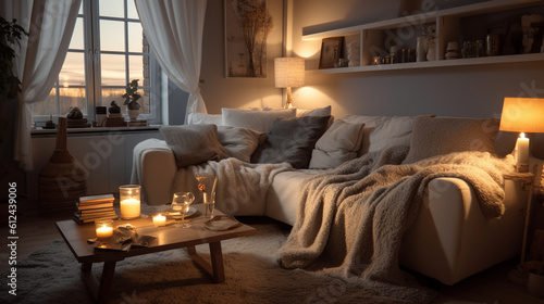 A cozy Scandinavian living room with a plush sofa, warm textured blankets, and soft lighting, creating an inviting and comfortable atmosphere Generative AI