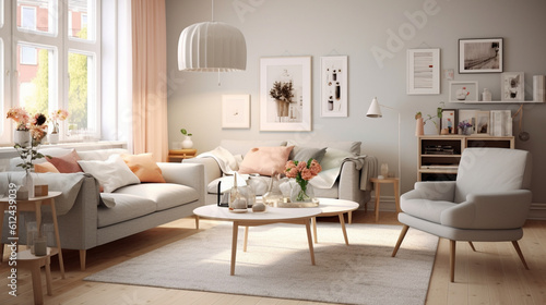 A serene Scandinavian living room with a neutral color palette and subtle pops of pastel accents, creating a soothing and harmonious atmosphere that promotes relaxation Generative AI © Наталья Евтехова