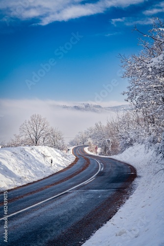 Winding road leads up to snow-capped mountains in the distance © Toma Paunovic/Wirestock Creators