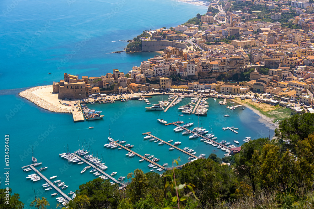 Elevated view of harbor of Castellammare del Golfo. Trapani, Italy, Europe.