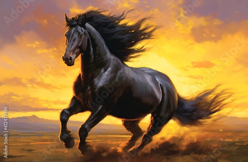 galloping black stallion in front of yellow sky created with Generative AI technology
