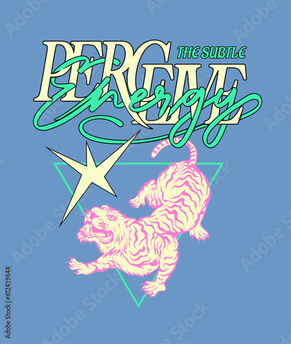an illustration vector design featuring 80's style typographic slogan with a tiger illustration, this design can be use for t shirt design or poster design