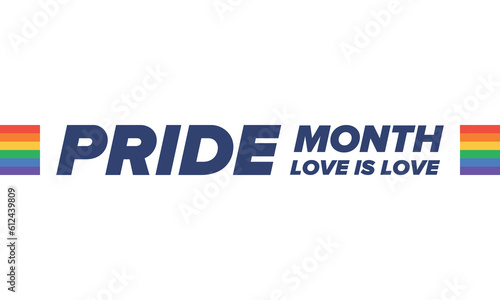 LGBT Pride Month in June. Lesbian Gay Bisexual Transgender. Celebrated annual. LGBT flag. Rainbow love concept. Human rights and tolerance. Poster, card, banner and background. Vector ilustration