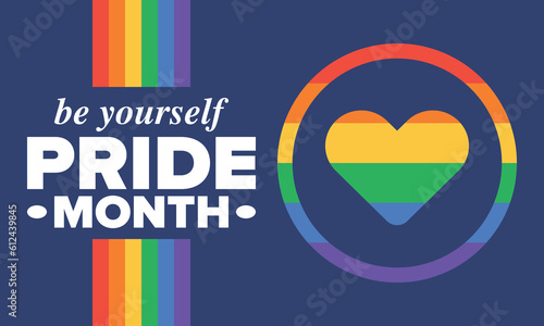 LGBT Pride Month in June. Lesbian Gay Bisexual Transgender. Celebrated annual. LGBT flag. Rainbow love concept. Human rights and tolerance. Poster, card, banner and background. Vector ilustration
