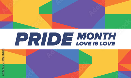 LGBT Pride Month in June. Lesbian Gay Bisexual Transgender. Celebrated annual. LGBT flag. Rainbow love concept. Human rights and tolerance. Poster, card, banner and background. Vector ilustration