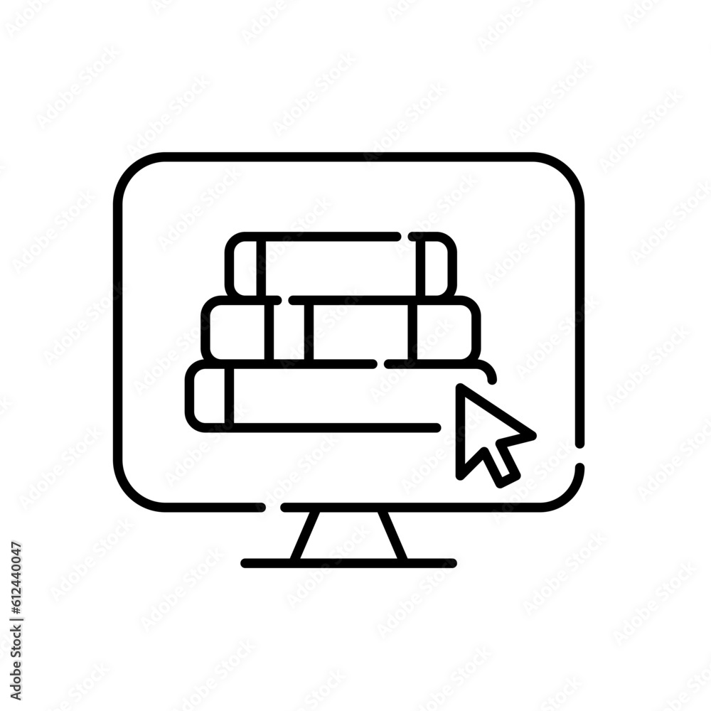 Digital library access symbol. Stack of books on computer monitor and mouse pointer click. Pixel perfect, editable stroke icon Digital library access symbol. Stack of books on computer monitor and mouse pointer click. Pixel perfect, editable stroke icon