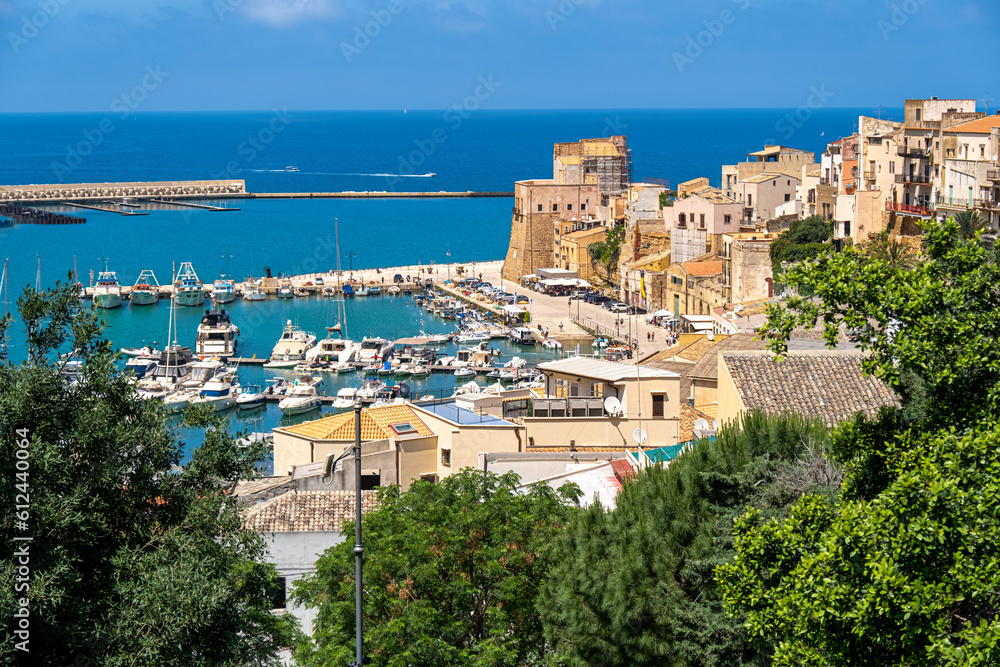 Elevated view of harbor of Castellammare del Golfo. Trapani, Sicily, Italy, Europe.