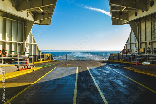 Beautiful shot of a ship deck with a scenic view of the sea